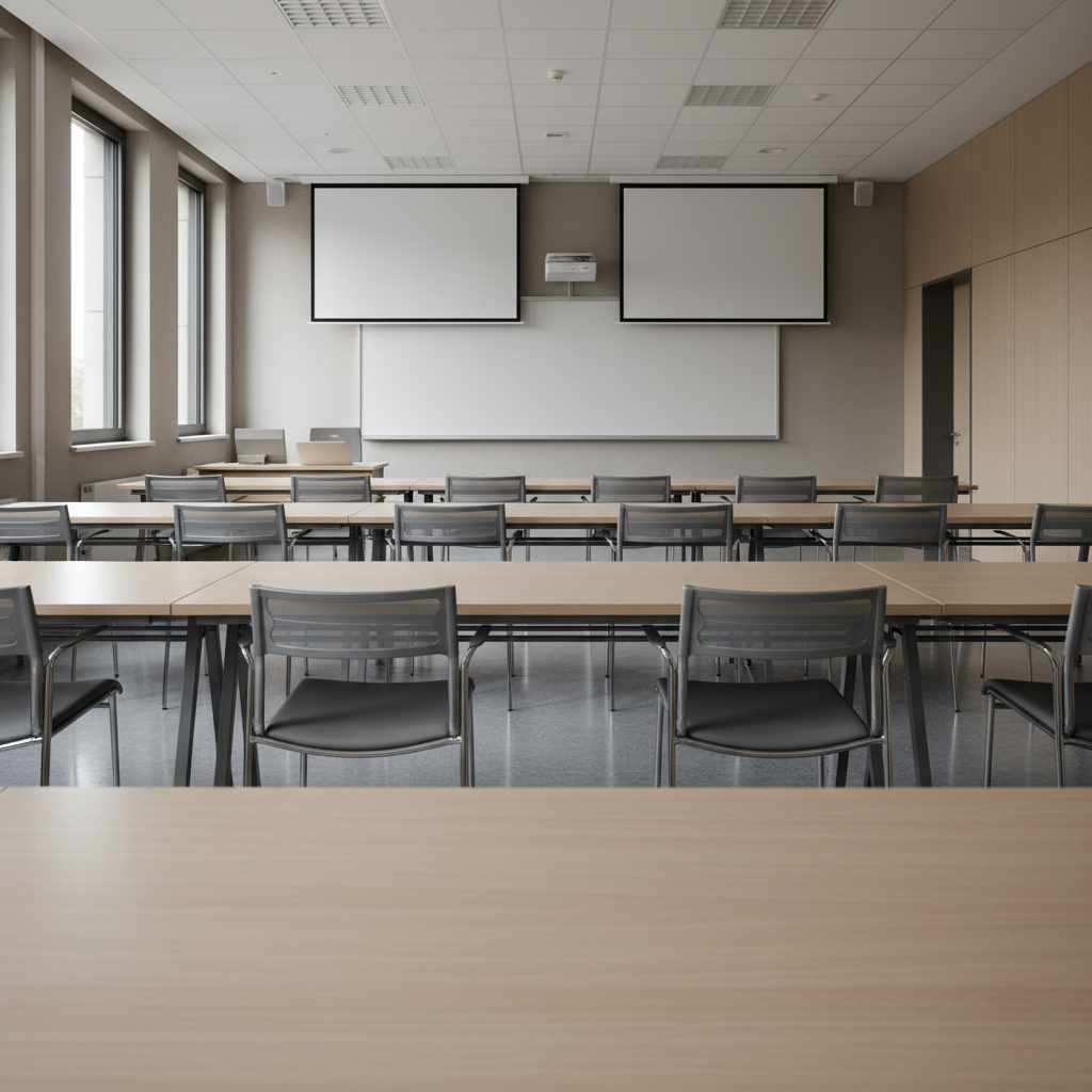 Interior fotográfico de un aula universitaria contemporánea totalmente vacía, con largas mesas de madera clara y sillas ergonómicas metálicas alineadas con precisión. Al frente, un pizarrón blanco impecable y dos pantallas de proyección apagadas, enmarcadas por paredes de tono neutro. La luz entra suavemente desde amplias ventanas laterales, proyectando sombras sutiles sobre el piso pulido y reflejos suaves sobre las superficies metálicas. La cámara se sitúa a nivel de mesa, mirando hacia el frente del salón, creando profundidad con filas que se desvanecen en el fondo. El ambiente es serio, ordenado y profesional, ideal para acompañar noticias académicas, de investigación y temas de clase sin recurrir a imágenes genéricas de stock.