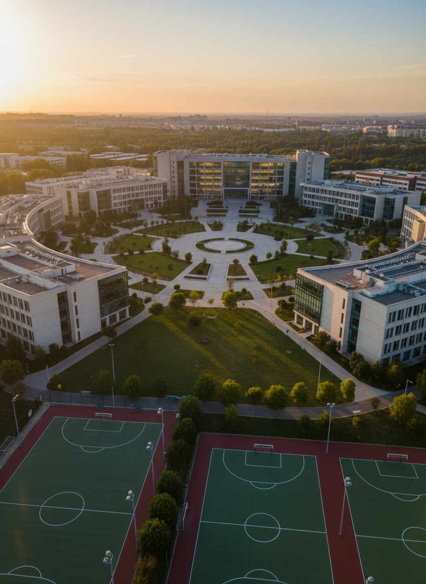 Vista aérea fotográfica realista de un campus universitario moderno al atardecer, sin personas, con edificios académicos de concreto claro y vidrio, organizados alrededor de una amplia explanada con áreas verdes bien cuidadas y senderos curvos. La luz cálida del sol bajo resalta las texturas del pasto, los árboles y las fachadas, creando sombras largas y definidas. En primer plano se distinguen canchas deportivas vacías y señalizadas, y más al fondo una biblioteca de varios pisos con grandes ventanales iluminados desde dentro. La composición usa la regla de tercios, con enfoque nítido en todo el encuadre, atmósfera profesional y dinámica, pensada para ilustrar noticias generales sobre vida universitaria real y actualidad académica.