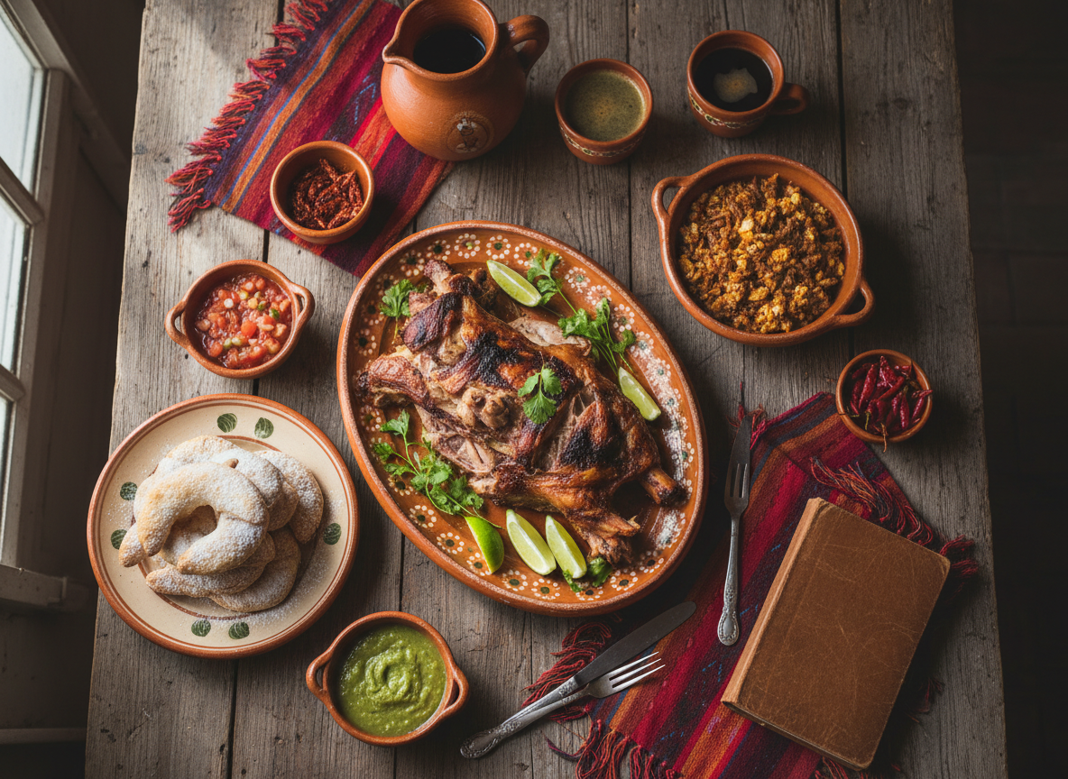 Mesa con platillos tradicionales de Tamaulipas: cabrito, machacado y pan de polvo